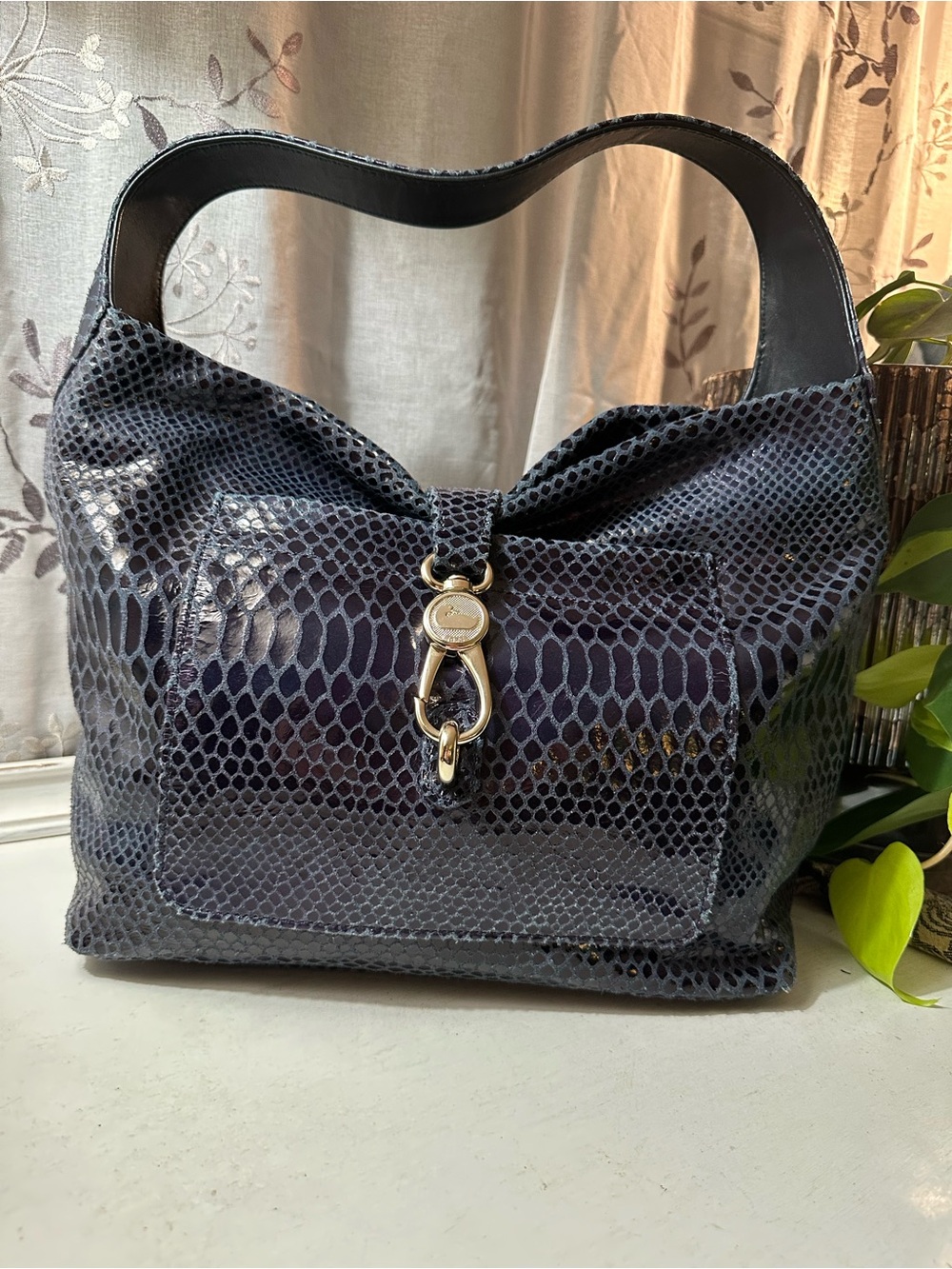 Dooney & Bourke Navy Snakeskin Textured Hobo Bag with Silver Hardware